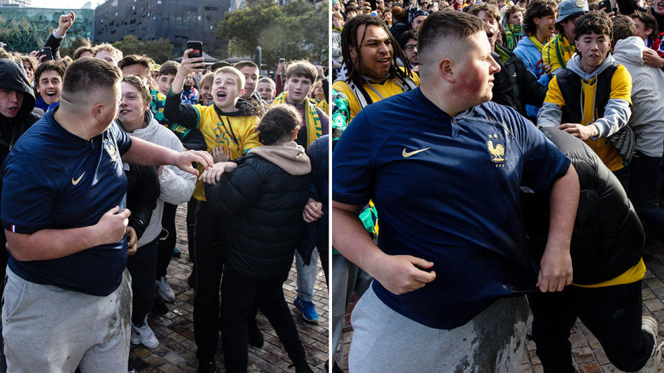 France supporters had water bottles thrown at them by Socceroos fans in ugly scenes at Melbourne's Fed Square. Pic: AAP