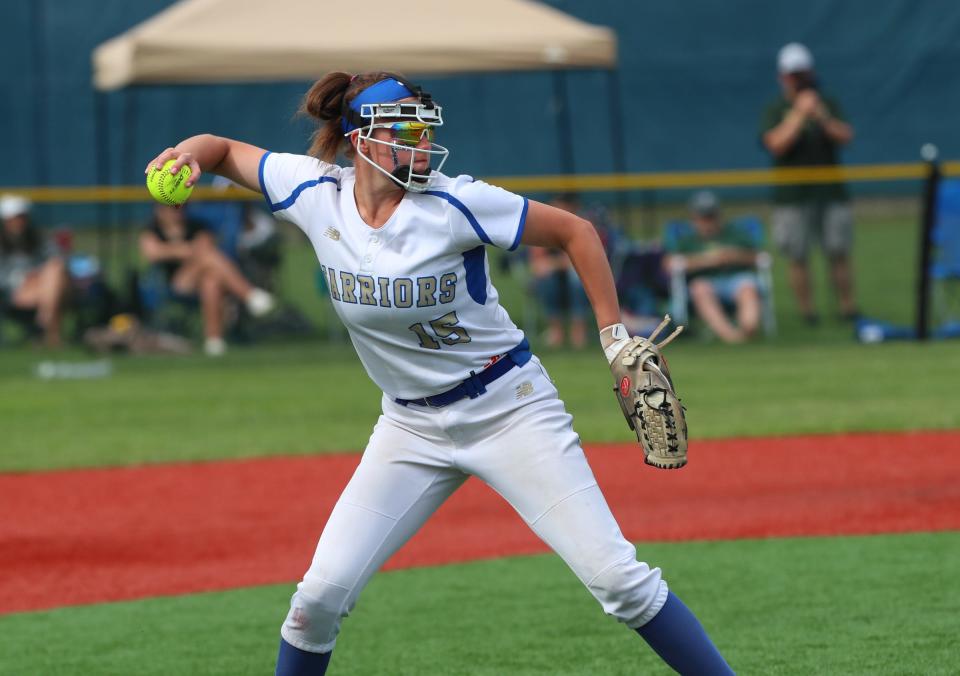 Webster Schroeder's Krislyn Clement (15) fires a throw to first in the NYSPHSAA Class A final against Vestal at Moriches Athletic Complex in Moriches on Saturday, June 11, 2022.