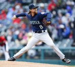 Seattle Mariners starting pitcher Mike Leake delivers against the during the first inning of a baseball game, Saturday, May 4, 2019, in Cleveland. (AP Photo/Ron Schwane)