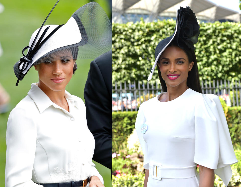 Meghan Markle (left) and Ciara (right) both wore Philip Treacy hats to Royal Ascot. (Photos: Getty Images)