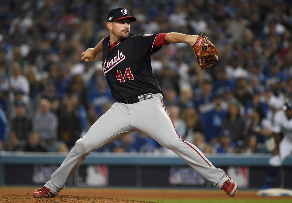 LOS ANGELES, CALIFORNIA - OCTOBER 09: Daniel Hudson #44 of the Washington Nationals pitches in the ninth inning of game five of the National League Division Series against the Los Angeles Dodgers at Dodger Stadium on October 09, 2019 in Los Angeles, California. (Photo by Harry How/Getty Images)