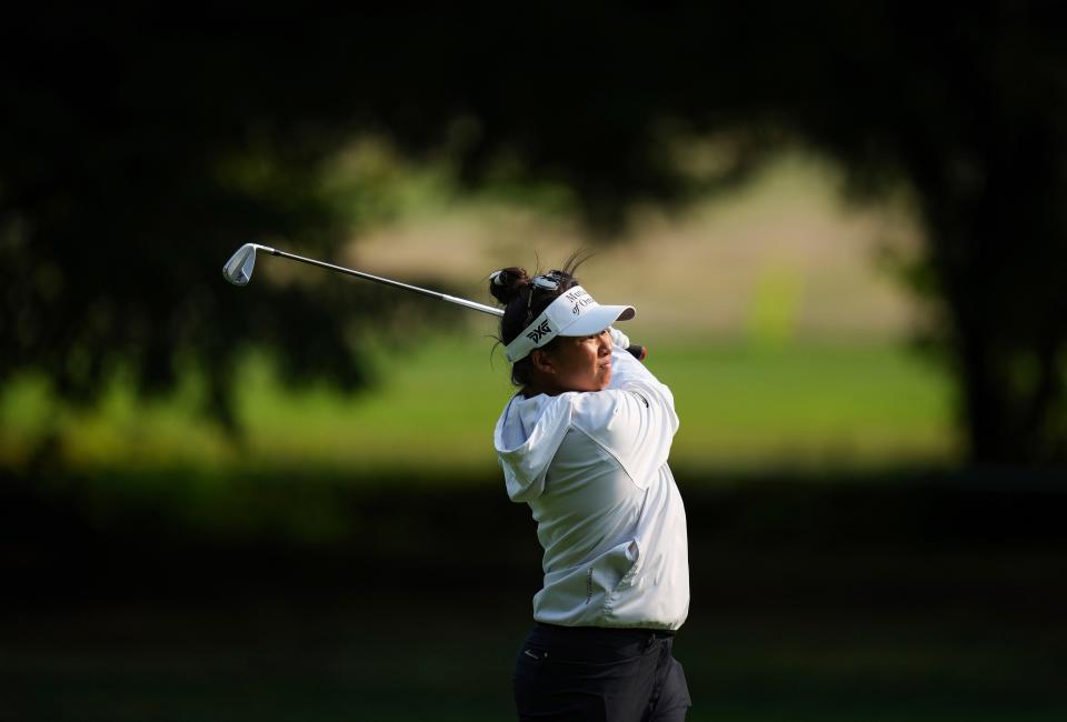 Megan Khang, of the United States, watches her second shot on the sixth hole during the first round at the CPKC Canadian Women's Open golf tournament in Vancouver, British Columbia, Thursday, Aug. 24, 2023. (Darryl Dyck/The Canadian Press via AP)