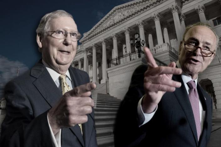 Senate Majority Leader Mitch McConnell and Senate Minority Leader Chuck Schumer. (Yahoo News photo illustration; photos: AP, Andrew Harnik/AP, J. Scott Applewhite/AP)