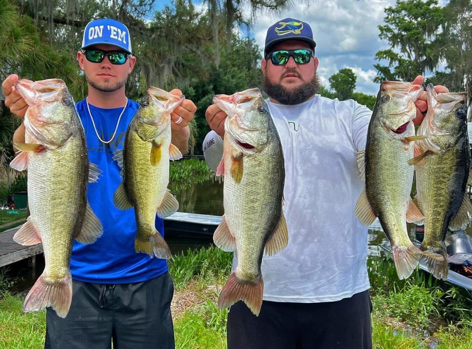 Colby Evans, left, and Jesse Smith had 21.60 pounds and also big bass with an 6.00 pounder to win the Waterhawg’s Bass Club tournament May 28 on Lake Marion. 