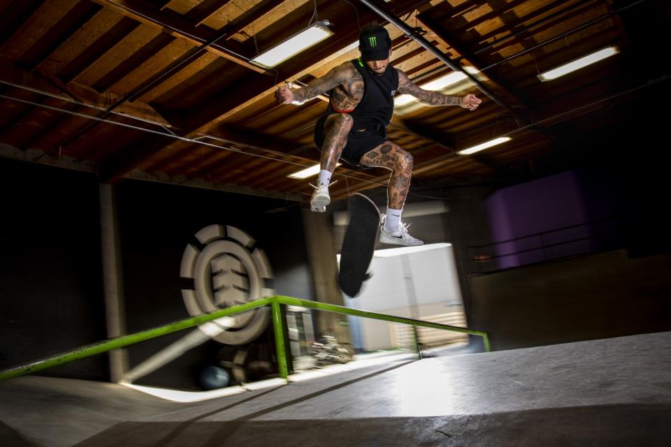 Nyjah Huston at his skate park in San Clemente, on Tuesday, May 4, 2021.