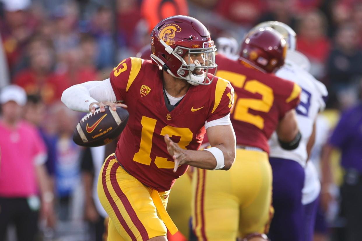 USC Trojans quarterback Caleb Williams prepares to throw the ball during the first quarter against the Washington Huskies at United Airlines Field at Los Angeles Memorial Coliseum, Nov. 4, 2023 in Los Angeles.