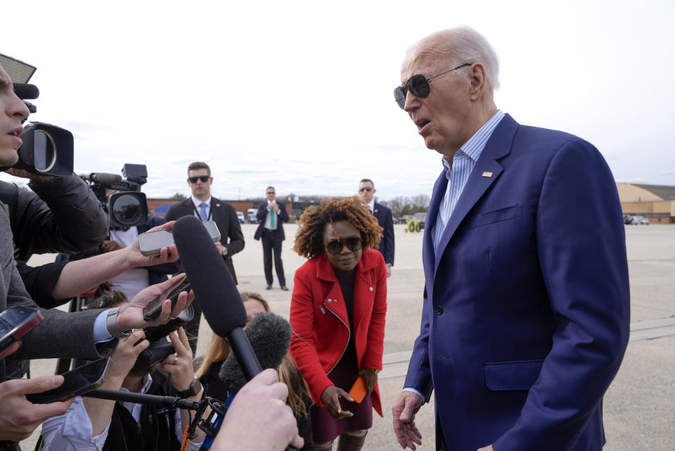 President Joe Biden talks to reporters before leaving Andrews Air Force Base, Md., Friday, March 8, 2024, to travel to Philadelphia for a campaign event. (AP Photo/Manuel Balce Ceneta)