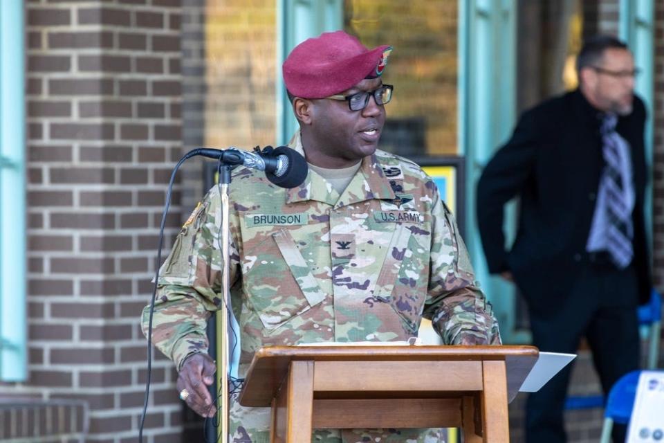 Col. Tavi Brunson was the guest speaker for Norfolk Naval Shipyard's annual Veterans Day Fall-In for Colors event in November 2022.