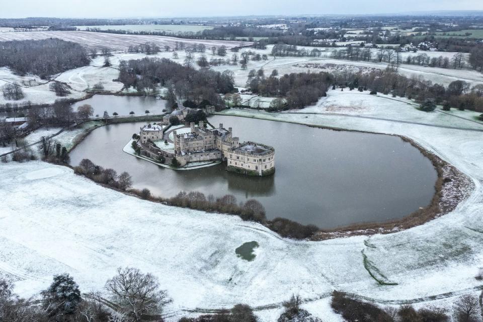 An aerial view of Leeds Castle covered in snow in Maidstone, Kent, (AFP via Getty Images)