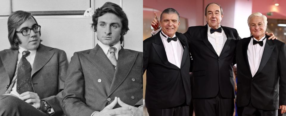 Left: Nando Parrado (L) and Roberto Canessa (R) attend a press conference in May 1974. Right: Carlos Paez Rodriguez, Nando Parrado and Roberto Canessa attend a red carpet for "The Society Of The Snow" at the 80th Venice International Film Festival on September 09, 2023.