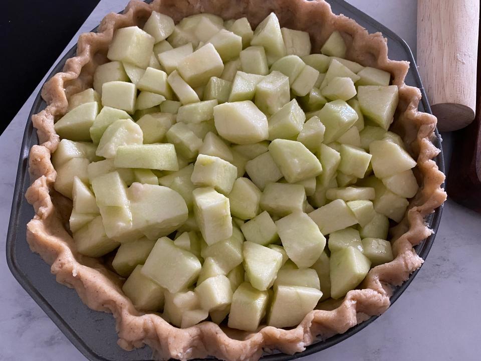 A crust filled with apple-pie filling.