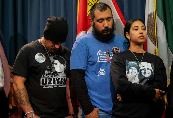 PHOTO: The families' of 10-year-year old Lexi Rubio and 11-year-old Uziyah Garcia stand together during a news conference at the Texas State Capitol on Jan. 24, 2023, in Austin, Texas. (Brandon Bell/Getty Images)
