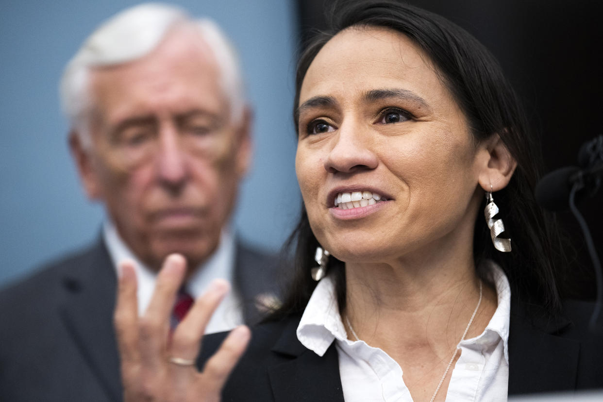 Rep. Sharice Davids, D-Kan., and House Majority Leader Steny Hoyer, D-Md., conduct a news conference on the Make It In America (MIIA) agenda, in the U.S. Capitol on Thursday, June 23, 2022. MIIA responds to issues including 