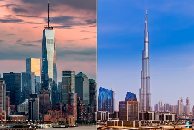 <p>Getty</p> One World Trade Center in New York City (left) and the Burj Khalifa in Dubai (right).