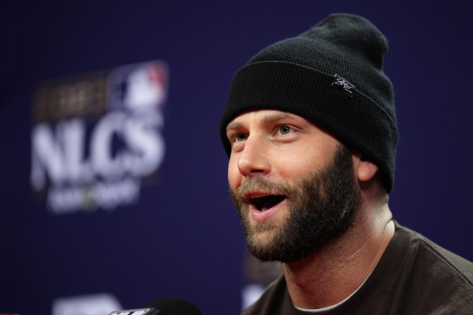 Arizona Diamondbacks' Christian Walker speaks during a news conference before the baseball NL Championship Series against the Philadelphia Phillies, Sunday, Oct. 15, 2023, in Philadelphia. The Phillies host Game 1 on Monday. (AP Photo/Matt Slocum)