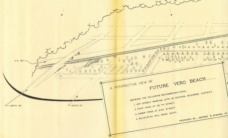 In a 1953 master plan for the city of Vero Beach, George W. Simons Jr. proposed that 26th Street be elevated over the railroad tracks and U.S. 1.