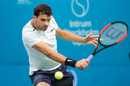 Tennis - Stockholm Open - Men Semi-Final - Royal Tennis Hall, Stockholm, Sweden - October 21, 2017. Grigor Dimitrov of Bulgaria in action against Fabio Fognini of Italy. TT News Agency/Henrik Montgomery/via REUTERS