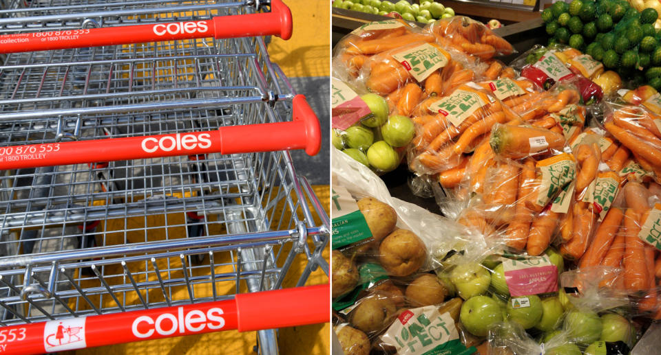 A Coles customer photographed carrots, apples, potatoes and capsicum in plastic.