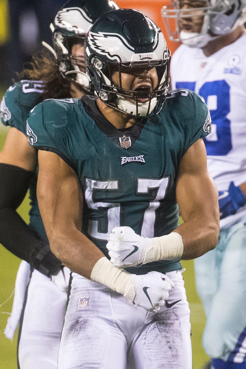 Eagles' T.J. Edwards (57) celebrates a defensive stop Sunday, Nov. 1, 2020, at Lincoln Financial Field.