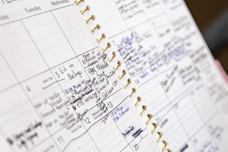 The planner of Angie Kraus, the founder of nonprofit Amshera, filled out with her tasks throughout the coming weeks.