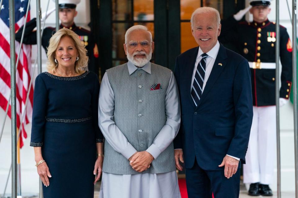 Joe Biden and first lady Jill Biden welcome Narendra Modi to the White House (AP)