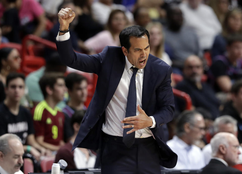 Miami Heat head coach Erik Spoelstra reacts during the first half of an NBA basketball game against the Minnesota Timberwolves, Sunday, Dec. 30, 2018, in Miami. (AP Photo/Lynne Sladky)