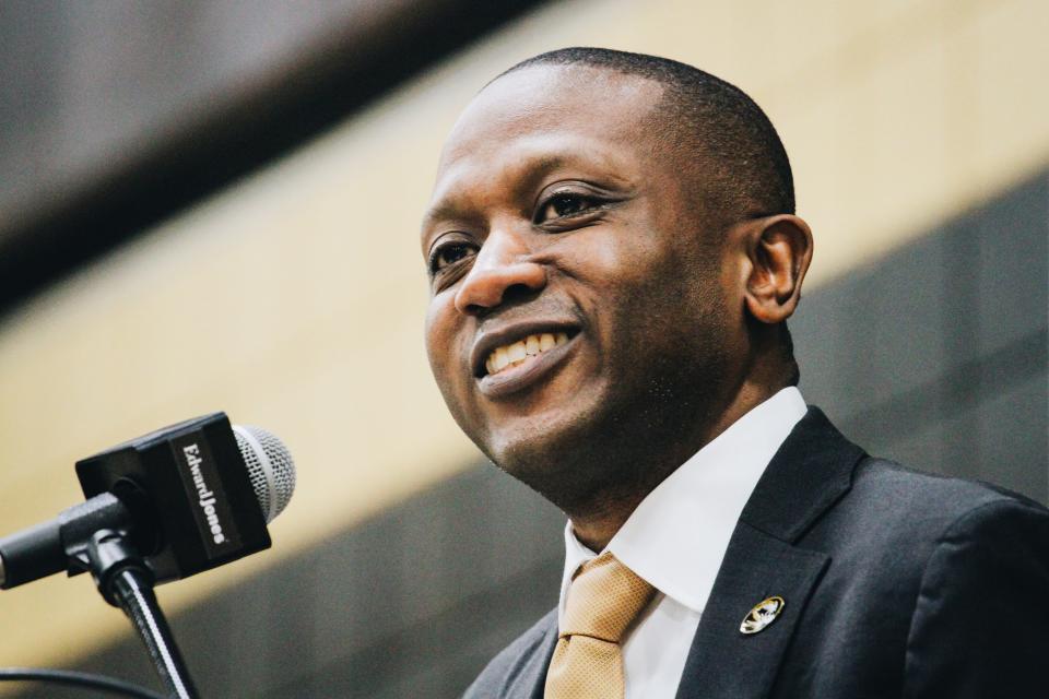 New MU men's basketball coach Dennis Gates smiles as he listens to a question during his introductory press conference  at the Albrecht Family Practice Facility inside Mizzou Arena.