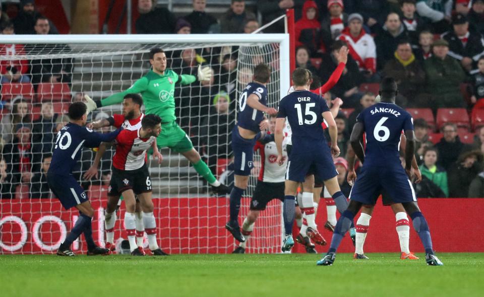 Tottenham Hotspur’s Harry Kane (centre) scores his side’s goal at St Mary’s