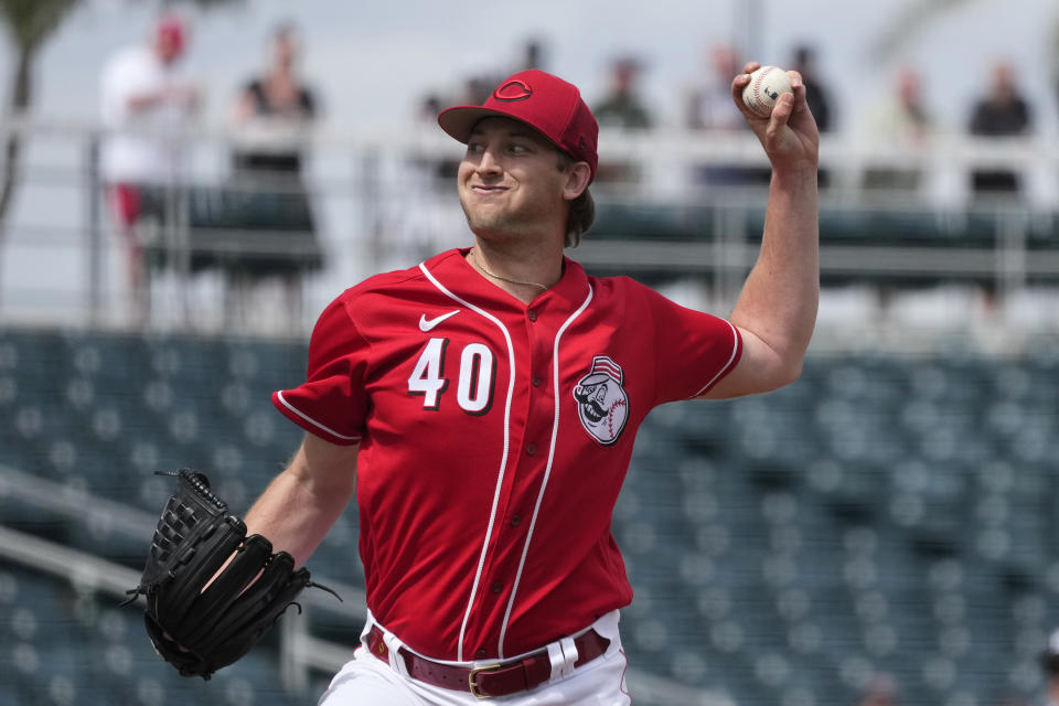 Cincinnati Reds starting pitcher Nick Lodolo throws against the Los Angeles Angels during the first inning of a spring training baseball game Monday, March 20, 2023, in Goodyear, Ariz. (AP Photo/Ross D. Franklin)