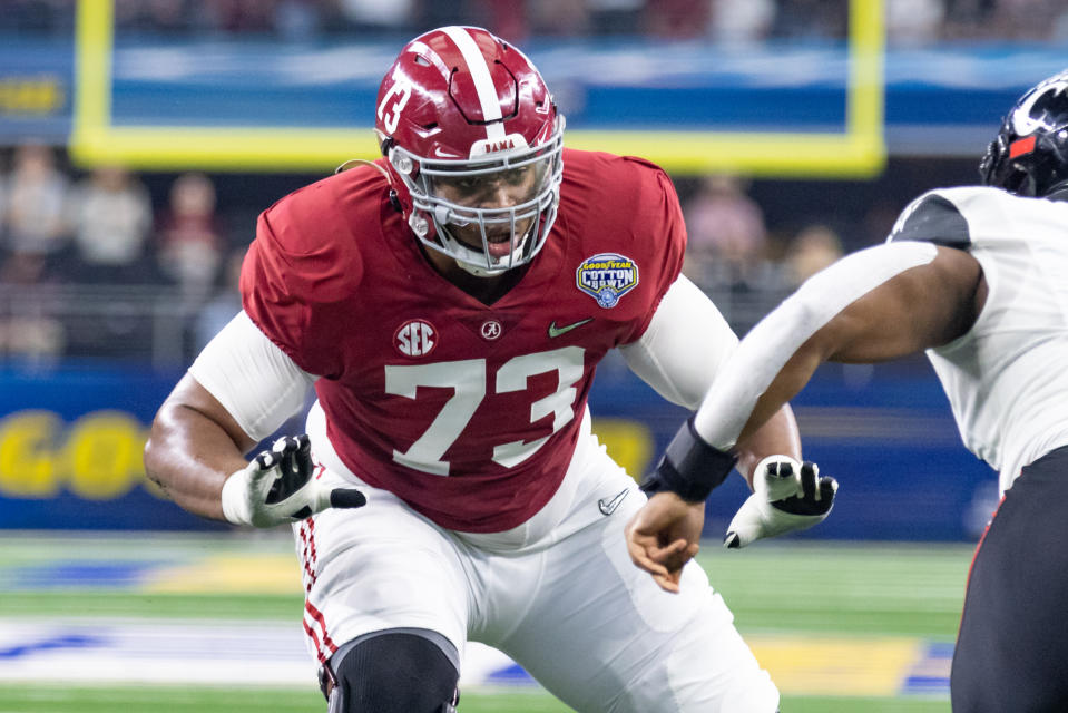 Alabama OT Evan Neal battles against Cincinnati in the College Football Playoff. (Photo by Matthew Visinsky/Icon Sportswire via Getty Images)