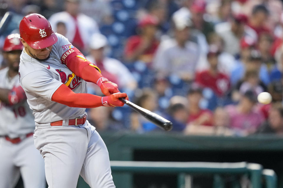 St. Louis Cardinals designated hitter Willson Contreras hits an RBI double against the Washington Nationals during the fifth inning of a baseball game at Nationals Park, Tuesday, June 20, 2023, in Washington. (AP Photo/Alex Brandon)