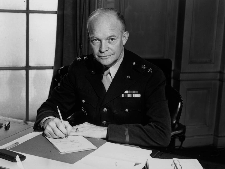 Major-General Dwight Eisenhower (1890 - 1969), commander of the American Forces in the European theatre of war, at the time of his promotion, by President Roosevelt, to Lieutenant General.