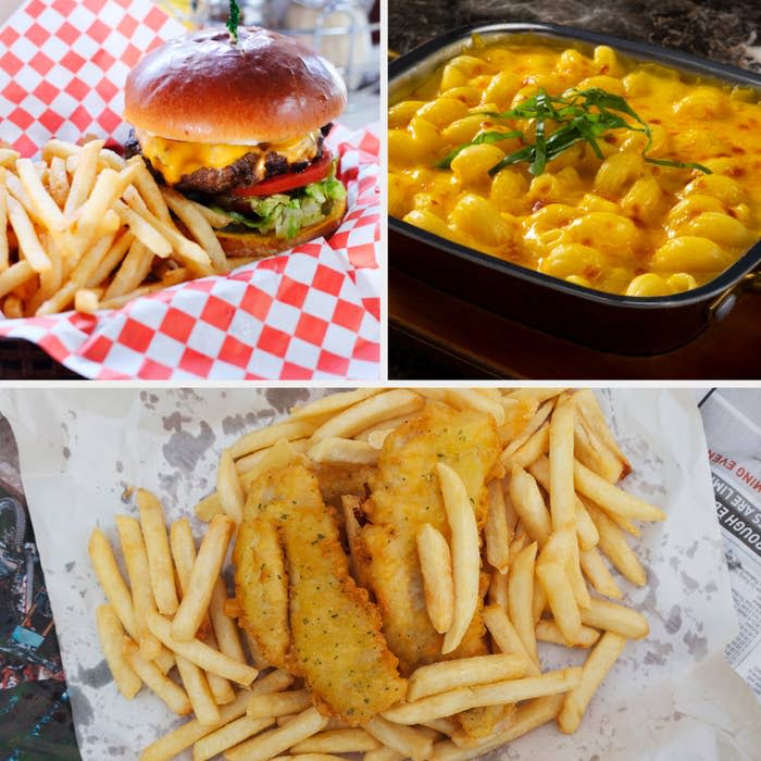 burger and fries, mac n cheese, fish and chips