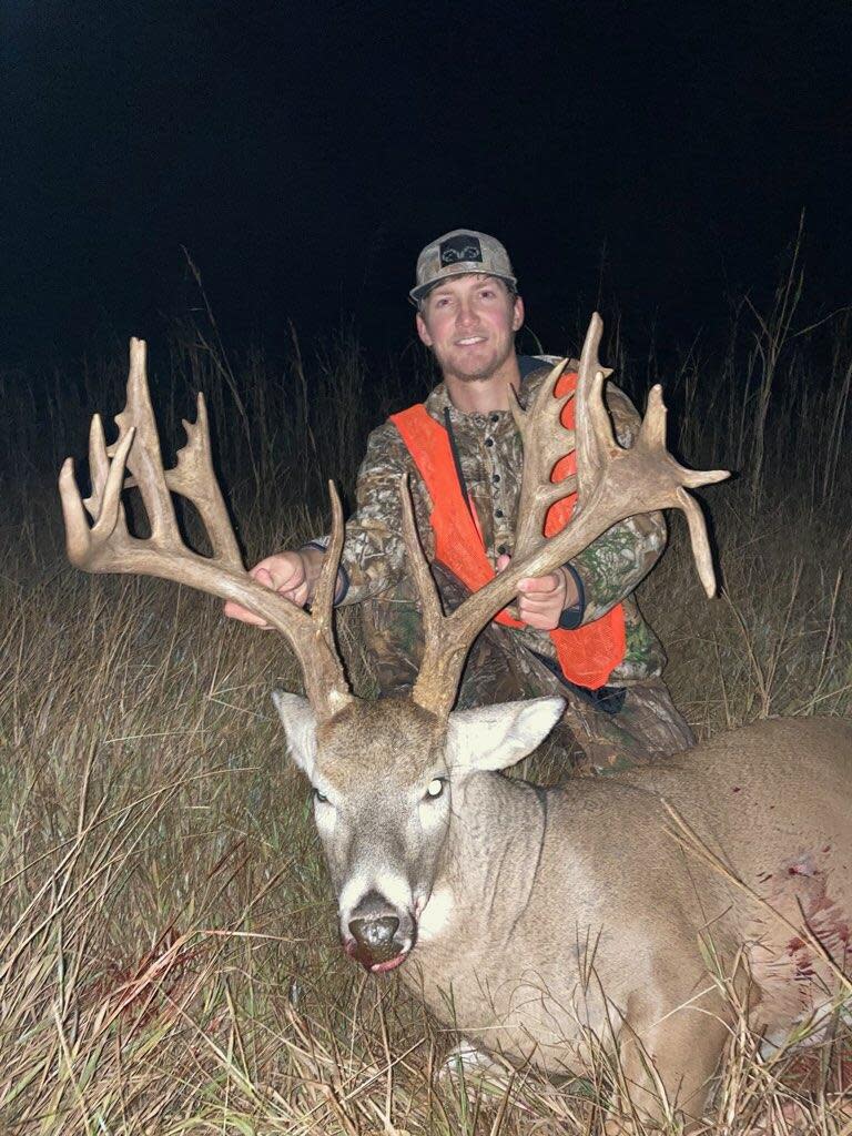 OSU student Cort Travis shot this giant nontypical white-tailed buck during the muzzleloader season less than three miles from campus.