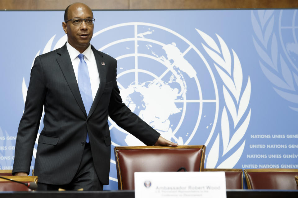 U.S. Disarmament Ambassador Robert Wood arrives for a press conference after leaving the Conference on Disarmament in protest against the presidency of Venezuela of the Conference on Disarmament at the European headquarters of the United Nations in Geneva, Switzerland, Tuesday, May 28, 2019. (Salvatore Di Nolfi/Keystone via AP)