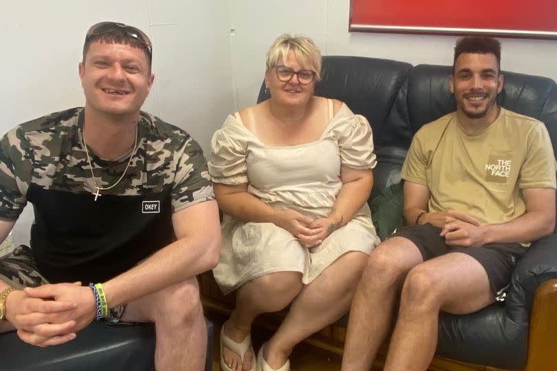 Truman Taylor, 31, with art and craft lead Kerry James, 50, from Robinswood and volunteer Jordan Rankin-Woodhouse, 32, from Matson