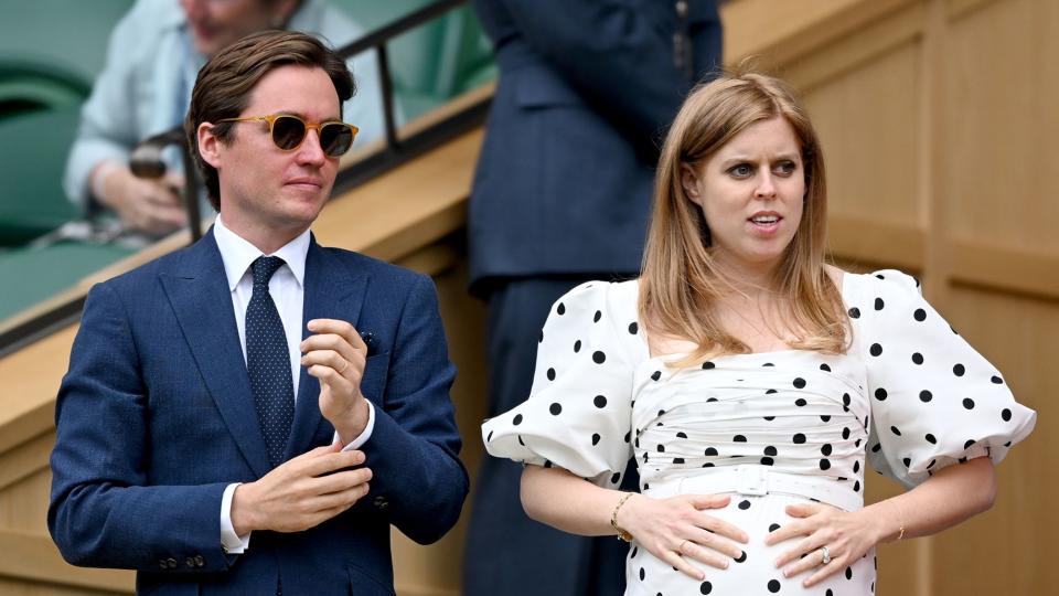 Edo Mapelli Mozzi and Princess Beatrice, Mrs Edoardo Mapelli Mozzi attend Wimbledon Championships Tennis Tournament at All England Lawn Tennis and Croquet Club on July 08, 2021 in London, England