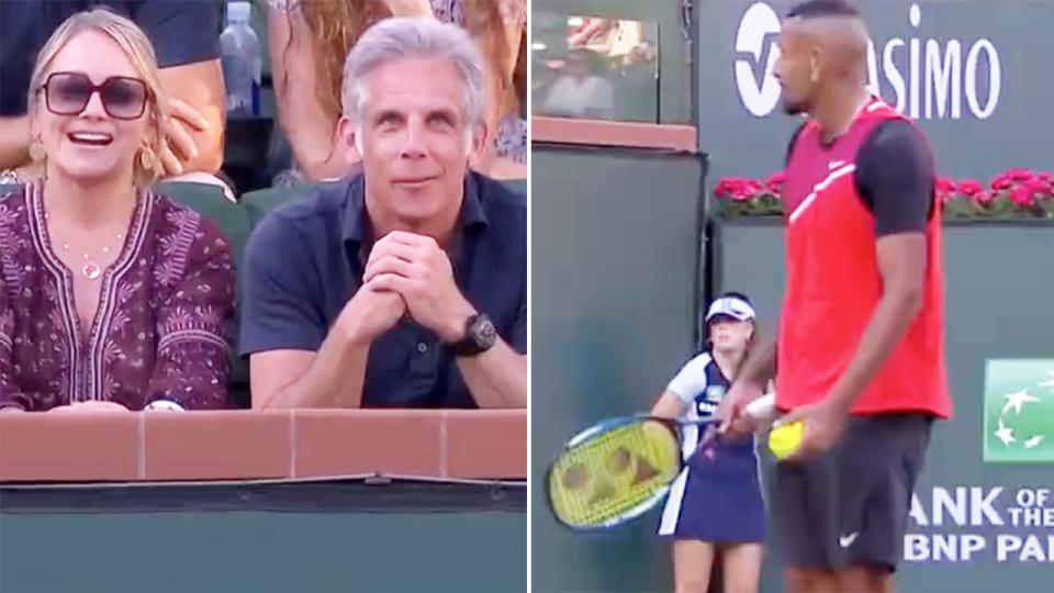 Nick Kyrgios,. pictured here dragging Ben Stiller into his beef with a fan at Indian Wells. 