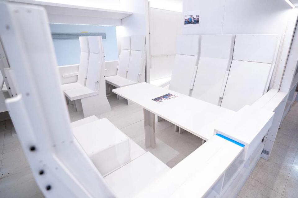 The California High-Speed Rail Authority’s new train interior mock-up has examples of comfort seating on Tuesday at Cal Expo in Sacramento.