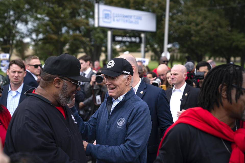 President Joe Biden joins striking United Auto Workers on the picket line outside the Willow Run Redistribution Center, UAW Local 174, Tuesday, Sept. 26, 2023, in Van Buren Township, Mich. (AP Photo/Evan Vucci)