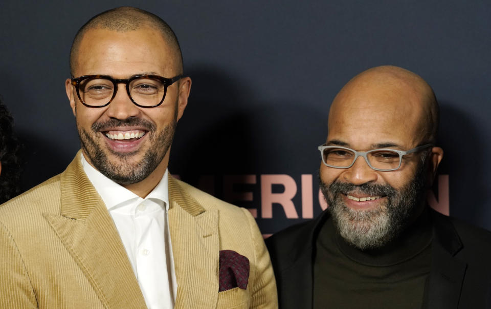 Cord Jefferson, left, writer/director/producer of "American Fiction," poses with cast member Jeffrey Wright at a screening of the film, Tuesday, Dec. 5, 2023, at the Academy of Motion Picture Arts and Sciences in Beverly Hills, Calif. (AP Photo/Chris Pizzello)