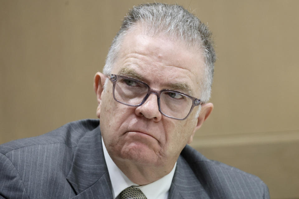 Jorge Carballo, one of the top administrators at the Rehabilitation Center at Hollywood Hills, is shown at the defense table during his Hollywood Hills nursing home manslaughter case at the Broward County Courthouse in Fort Lauderdale, Fla., Monday, Feb. 6, 2023. A dozen elderly patients at the nursing home died from sweltering conditions after Hurricane Irma in 2017. (Amy Beth Bennett/South Florida Sun-Sentinel via AP, Pool)