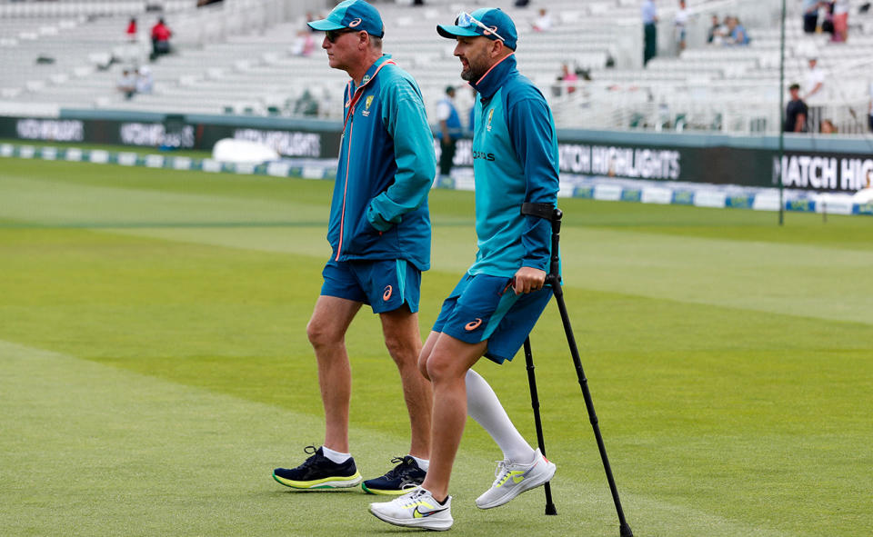 Nathan Lyon, pictured here after injuring his calf in the second Ashes Test against Australia.