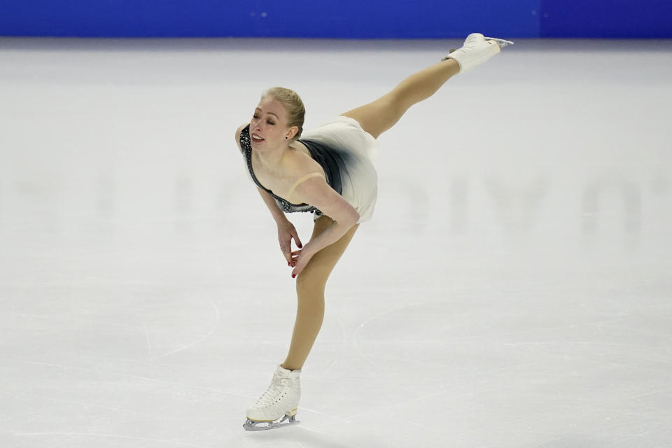 Bradie Tennell performs during the women's free skate at the U.S. Figure Skating Championships, Friday, Jan. 15, 2021, in Las Vegas. (AP Photo/John Locher)