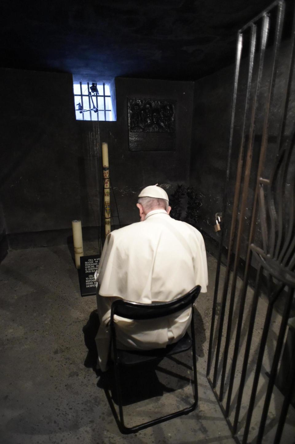 Inside the underground cell of a Polish Catholic priest, Maximillian Kolbe, who sacrificed his life for another prisoner who was set to be executed. <span class="inline-image-credit">(EPA/Osservatore Romano)</span>