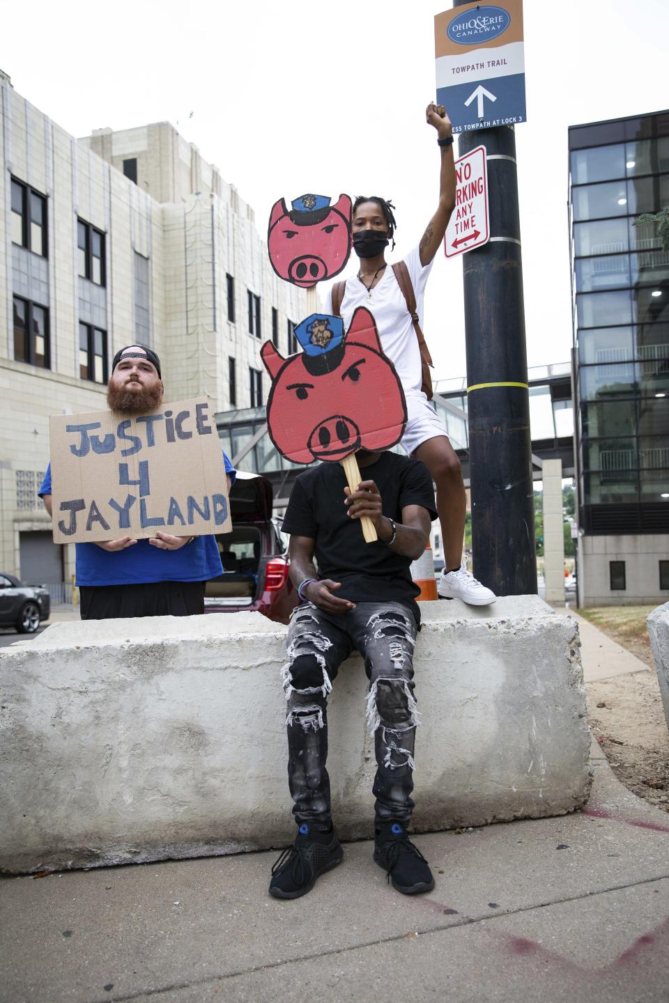 Protests continue in Akron, Ohio on July 4, 2022 after Mayor Dan Horrigan declared a state of emergency and canceled Fourth of July fireworks following protests calling for justice in the police killing of Jayland Walker (Photo by Karla Coté/SIPA USA).(Sipa via AP Images)