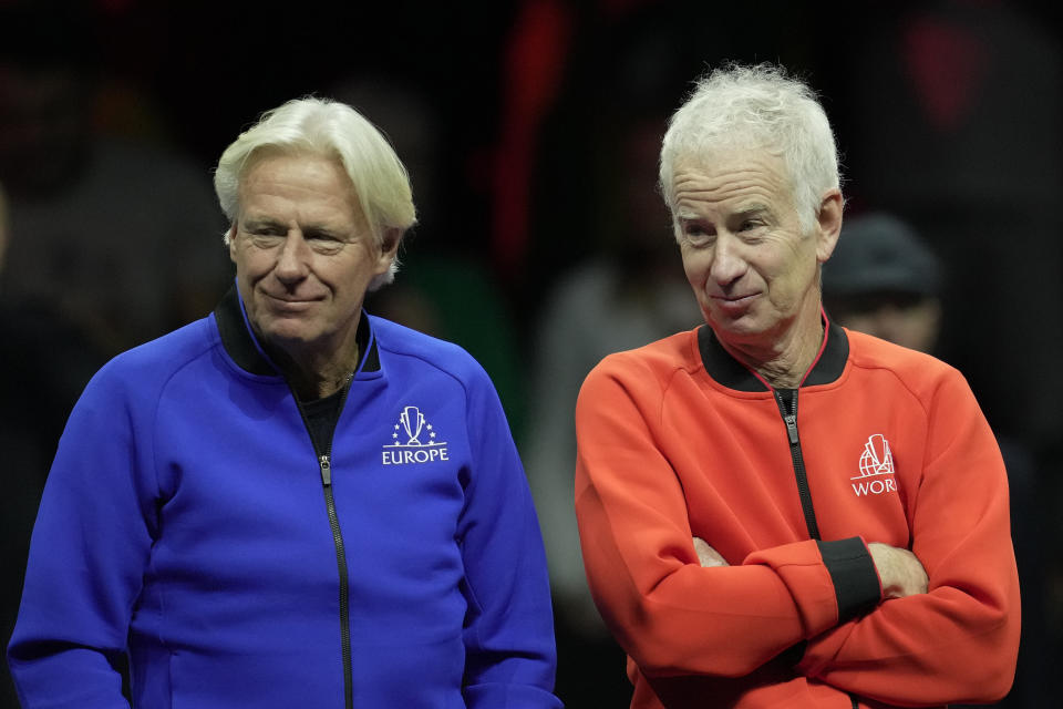 Team Europe's Captain Bjorn Borg, left, chats with Team World's captain John McEnroe, on the second day of the Laver Cup tennis tournament at the O2 in London, Saturday, Sept. 24, 2022. (AP Photo/Kin Cheung)