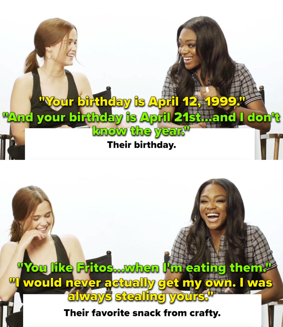 Both actors laughing, with text such as "Your birthday is April 21, 1999" and "You like Fritos — when I'm eating them"