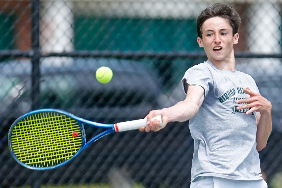 Hendricken's Jack Ciunci rips a forehand during his match against La Salle's Tomas Medina in Sunday's RIIL Boys Tennis Singles Championship final.
