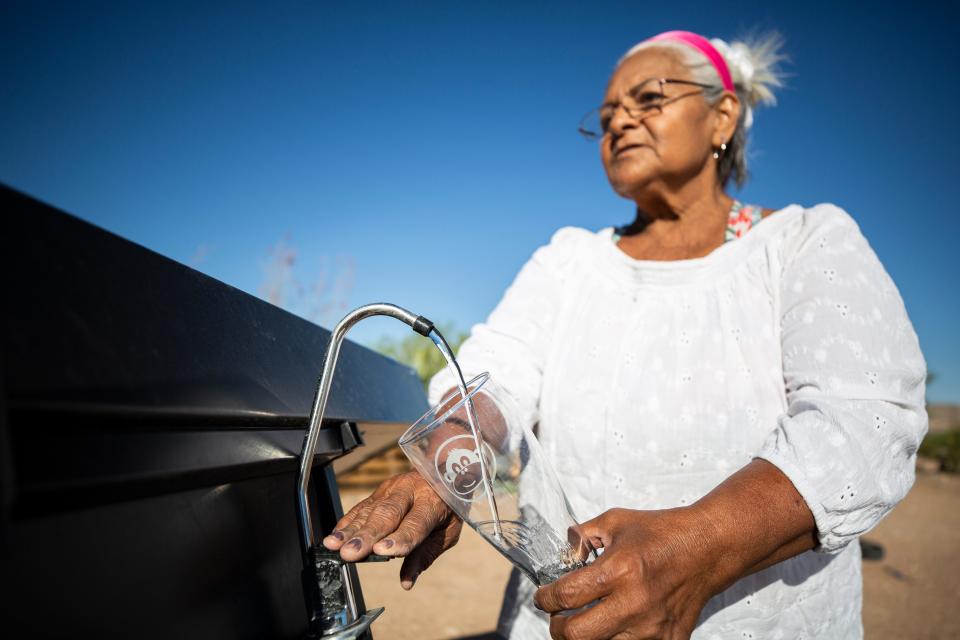 Olga Thomas and other residents of Hueco Tanks rely on a private company to haul water to their neighborhood. Now she can count on her hydro-panels for drinking water. May 23, 2023.